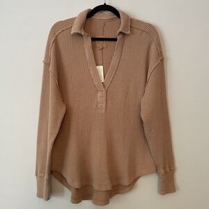 NWT Aerie Waffle Knit Collared Pullover Tan Sz S Oversized Slouchy Travel Lounge